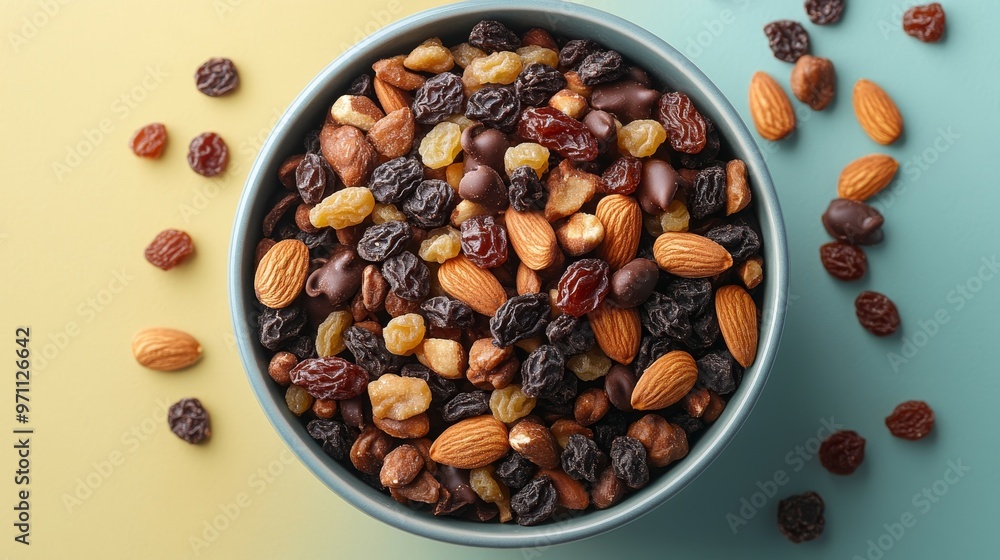 A bowl filled with a colorful mix of nuts and dried fruits, perfect for snacking. A bowl filled with a colorful mix of nuts and dried fruits, perfect for snacking.