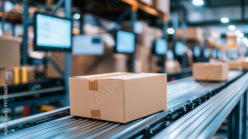 Close-Up of Boxes on Conveyor Belt in Warehouse with Blurred Office Background. AI generated illustration