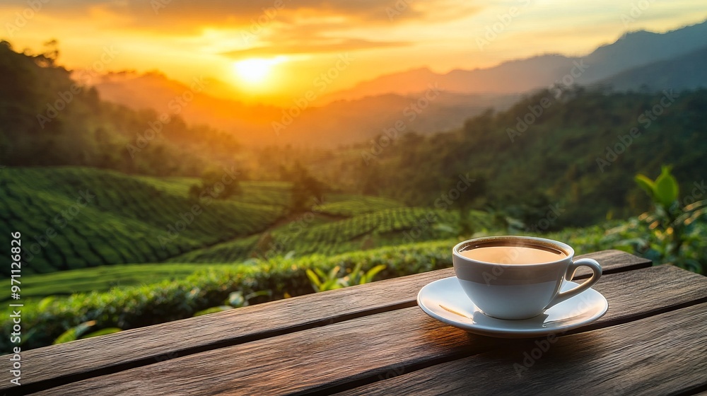 Coffee Cup on Wooden Table Overlooking Tea Plantation at Sunset in Mountain Forest. AI generated illustration Coffee Cup on Wooden Table Overlooking Tea Plantation at Sunset in Mountain Forest. AI generated illustration