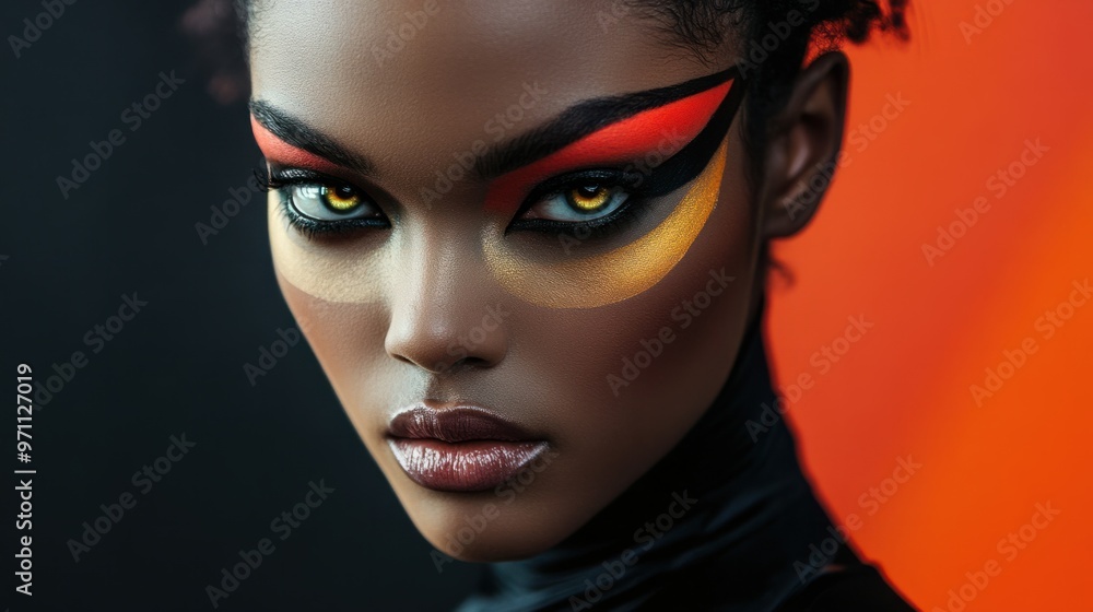 A striking portrait of a model with bold makeup and futuristic fashion, looking intensely at the camera A striking portrait of a model with bold makeup and futuristic fashion, looking intensely at the camera