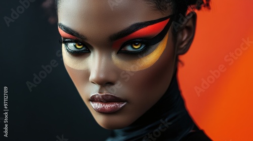 A striking portrait of a model with bold makeup and futuristic fashion, looking intensely at the camera photo