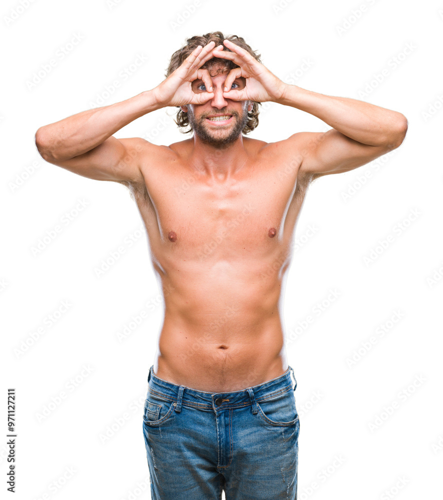 Handsome hispanic model man sexy and shirtless over isolated background doing ok gesture like binoculars sticking tongue out, eyes looking through fingers. Crazy expression. Handsome hispanic model man sexy and shirtless over isolated background doing ok gesture like binoculars sticking tongue out, eyes looking through fingers. Crazy expression.