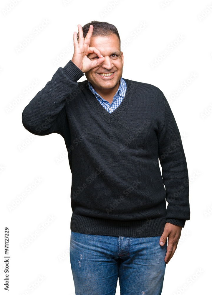 Handsome middle age man over isolated background doing ok gesture with hand smiling, eye looking through fingers with happy face. Handsome middle age man over isolated background doing ok gesture with hand smiling, eye looking through fingers with happy face.
