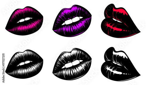 Black Vector Silhouettes of Women’s Lips Isolated on Transparent Background - Set of Women’s Lips in Different Styles and Colors