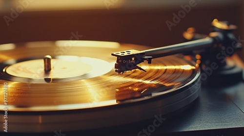 Close up of a vintage record player with a record playing and the tone arm over the record. photo