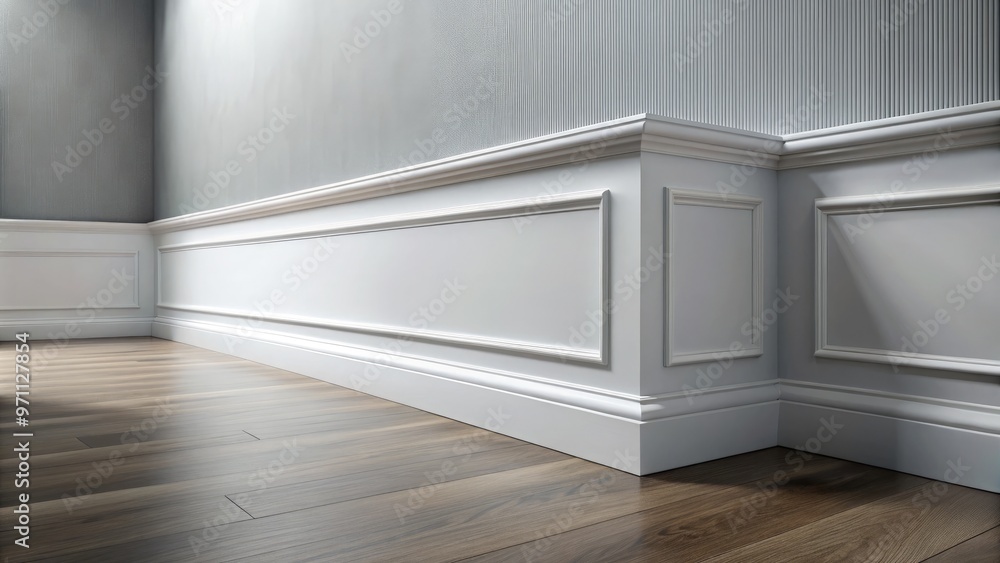 Sleek, low-profile baseboards in a crisp white finish meld seamlessly with pale gray walls, exemplifying understated elegance in modern minimalist interior design. Sleek, low-profile baseboards in a crisp white finish meld seamlessly with pale gray walls, exemplifying understated elegance in modern minimalist interior design.