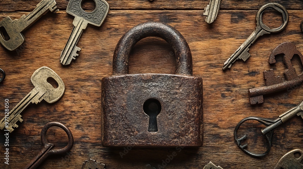Rustic Padlock and Keys on Wooden Background with Scattered Old Lock Pieces. AI generated illustration Rustic Padlock and Keys on Wooden Background with Scattered Old Lock Pieces. AI generated illustration