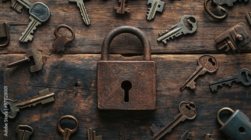 Rustic Padlock and Keys on Wooden Background with Scattered Old Lock Pieces. AI generated illustration