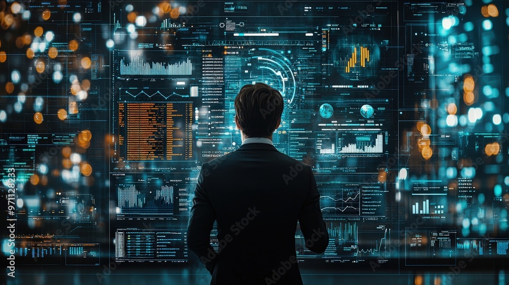 Businessman Analyzing Data on Digital Screen with Charts and Graphs Businessman Analyzing Data on Digital Screen with Charts and Graphs