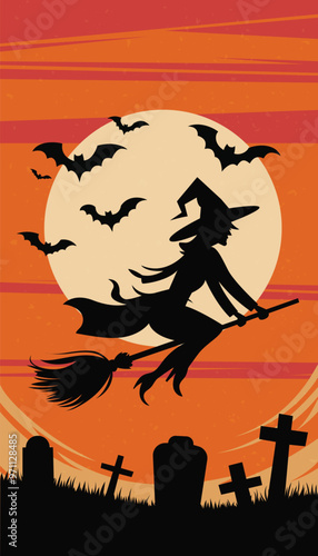 A retro poster with a flat vector illustration of a silhouette of a witch riding a broomstick against a vivid red-orange backdrop