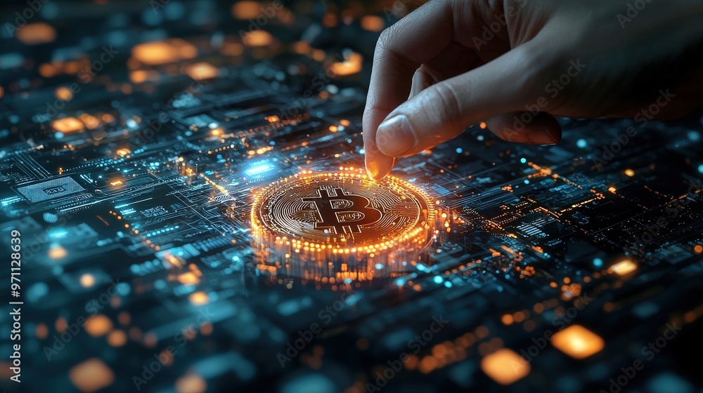 Naklejka premium Hand Touching Bitcoin on a Circuit Board