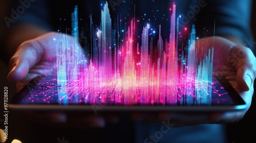 Digital Cityscape Hologram on Tablet