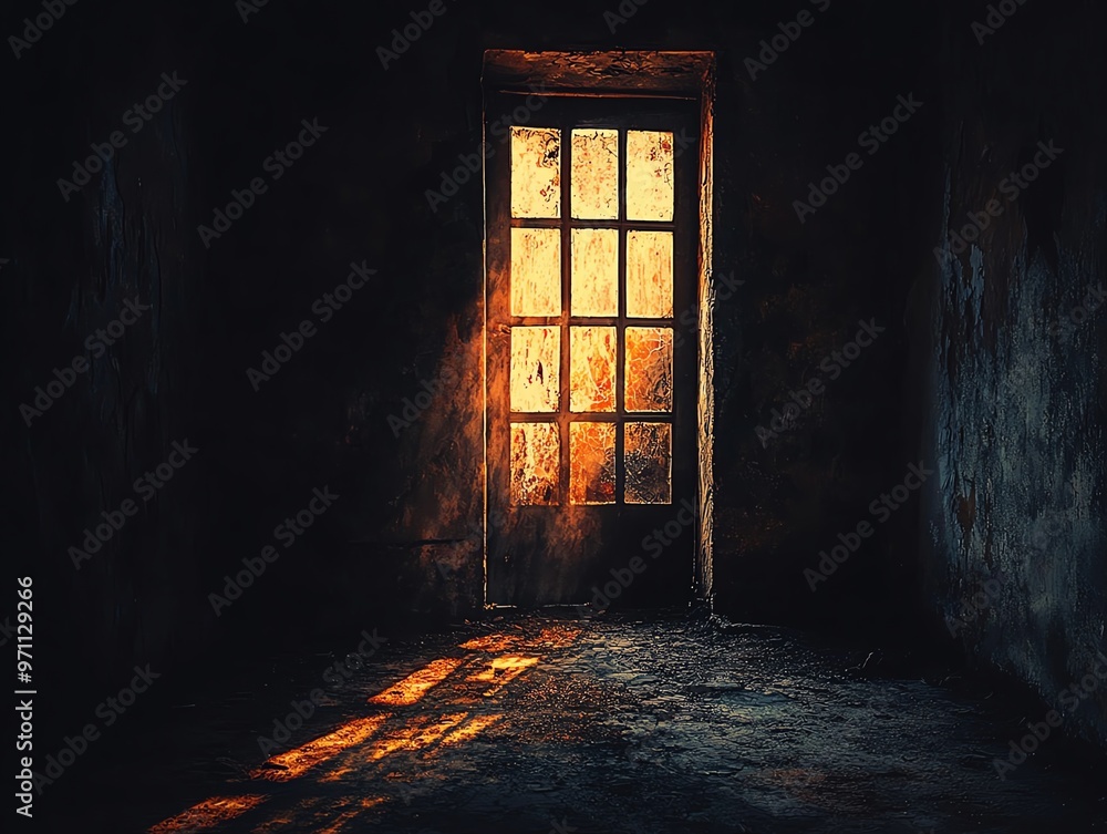 A dark room illuminated only by the light from a cracked door, escape, yearning for release from sorrow A dark room illuminated only by the light from a cracked door, escape, yearning for release from sorrow