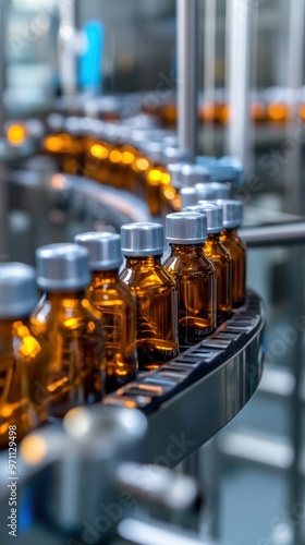 Close-up of amber glass bottles on a conveyor belt in a pharmaceutical manufacturing facility.