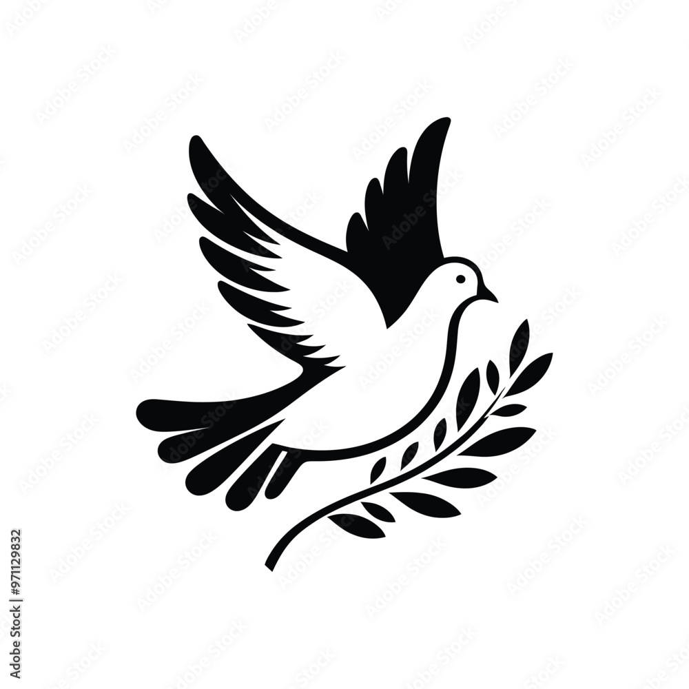 Fototapeta premium Dove and Olive Branch Silhouette: A Striking Representation of Global Peace, Hope, and Unity for Humanitarian and Peace Awareness Campaigns