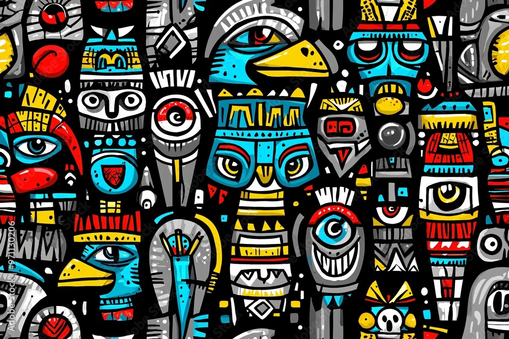 Abstract Tribal Seamless Pattern with Geometric Shapes and Colorful Faces Abstract Tribal Seamless Pattern with Geometric Shapes and Colorful Faces