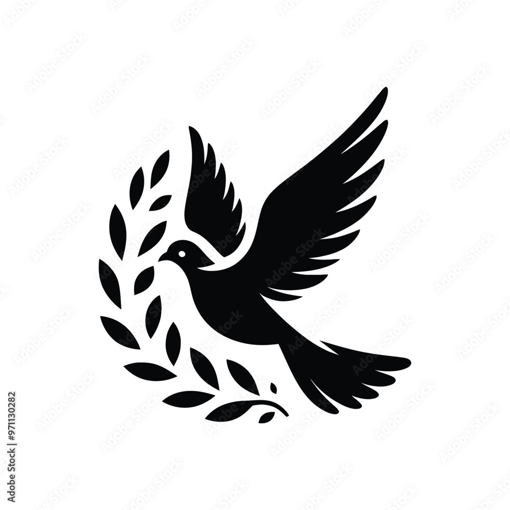 Fototapeta premium Elegant Dove Holding Olive Branch Silhouette: Celebrating Global Peace, Hope, and Tranquility in a Minimalist Art Style