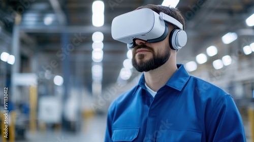 Man using virtual reality headset in an industrial environment, exploring digital applications of technology in manufacturing.