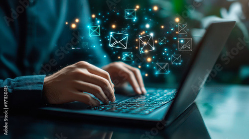 hands and man with laptop, typing and notebook with email