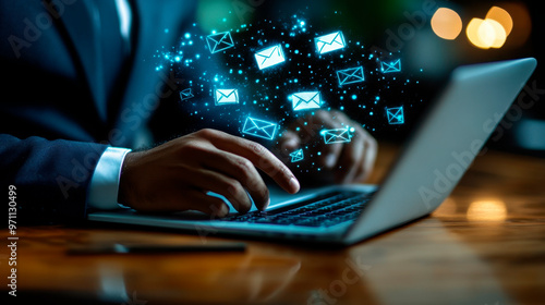 hands and man with laptop, typing and notebook with email