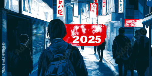 a nighttime street scene in Tokyo, with the text 