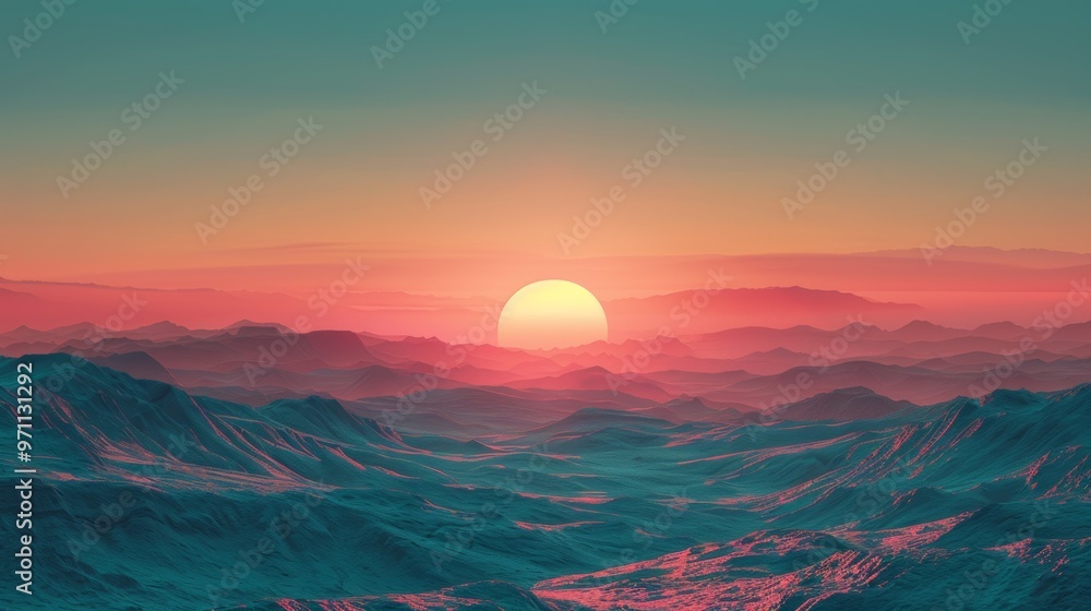Fototapeta premium Sunset Over the Vast Desert Horizon with Dramatic Hues and Serene Atmosphere