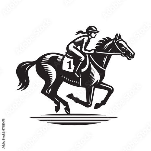 woman jockey riding a horse. Vintage vector black engraving illustration, emblem, logo, icon