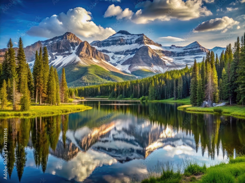 Snow-capped peaks of the Uinta Mountains rise above a serene alpine lake, surrounded by lush green forests and meadows, in the Utah wilderness. Snow-capped peaks of the Uinta Mountains rise above a serene alpine lake, surrounded by lush green forests and meadows, in the Utah wilderness.