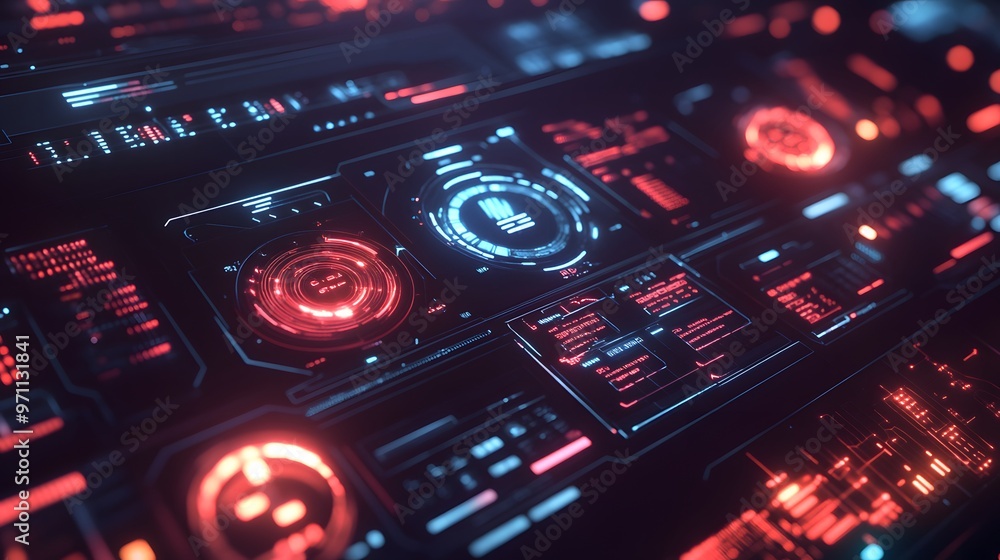 Holographic tech interfaces layered over a muted background with soft lighting Holographic tech interfaces layered over a muted background with soft lighting