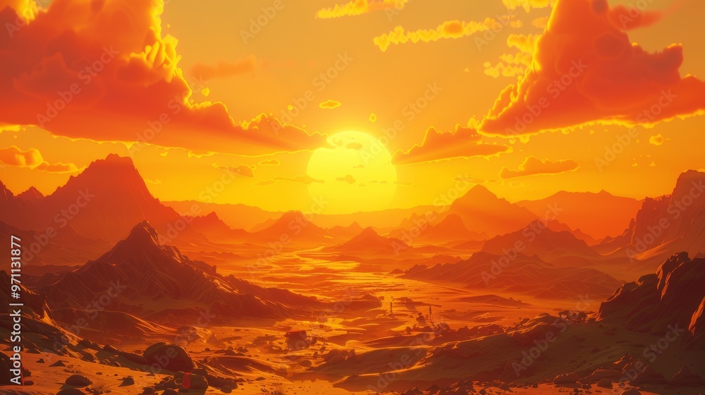 Sunset Over the Vast Desert Landscape with Towering Mountains Sunset Over the Vast Desert Landscape with Towering Mountains