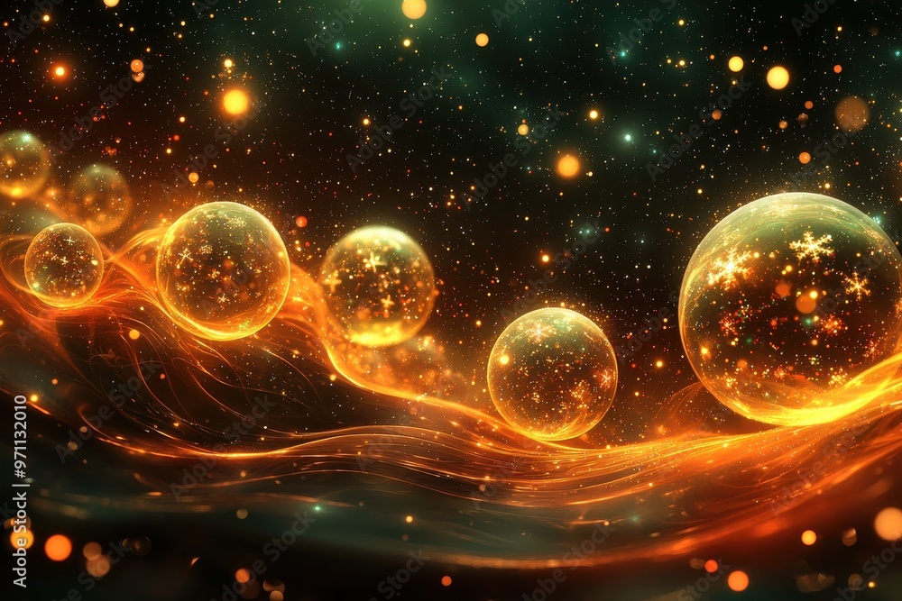 Cosmic fiery orbs in galaxy with glowing energy wave Cosmic fiery orbs in galaxy with glowing energy wave