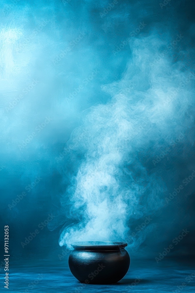 A black cauldron emits dense, billowing smoke against a vibrant blue background, evoking mysticism and witchcraft ideal for fantasy themes or Halloween marketing campaigns, A black cauldron emits dense, billowing smoke against a vibrant blue background, evoking mysticism and witchcraft ideal for fantasy themes or Halloween marketing campaigns,