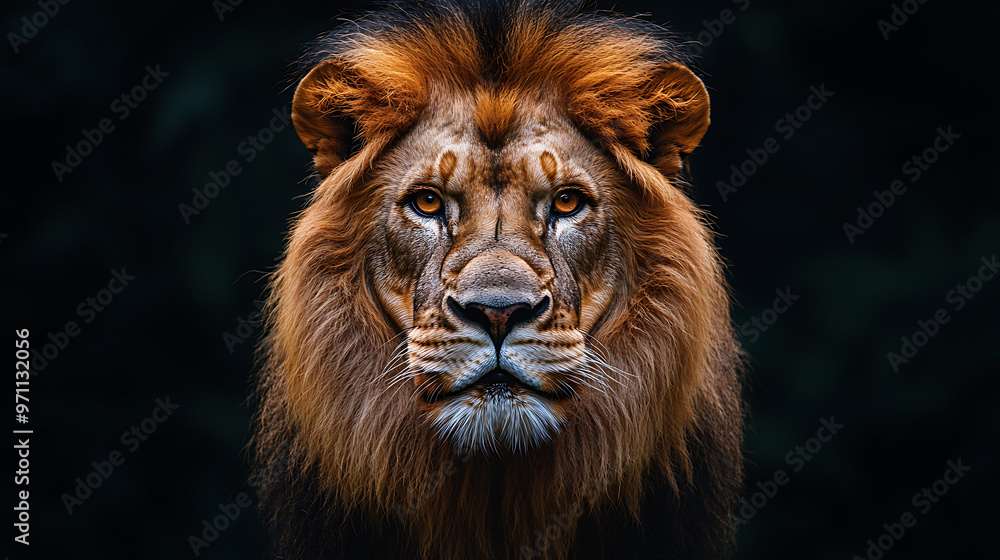 Fototapeta premium The lion is sitting in front of a white sign.