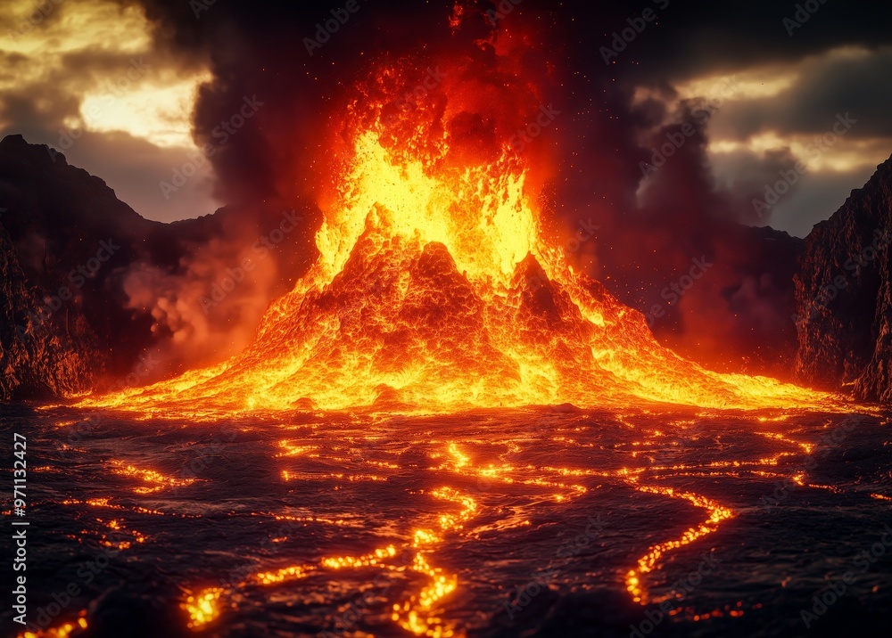 A fiery volcano erupts, spewing molten lava and ash into the sky, creating a dramatic spectacle against a dark, stormy backdrop. A fiery volcano erupts, spewing molten lava and ash into the sky, creating a dramatic spectacle against a dark, stormy backdrop.