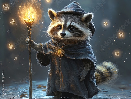 Raccoon dressed as a wizard with a staff and magical symbols floating around, wizard raccoon, mischievous magic animal photo