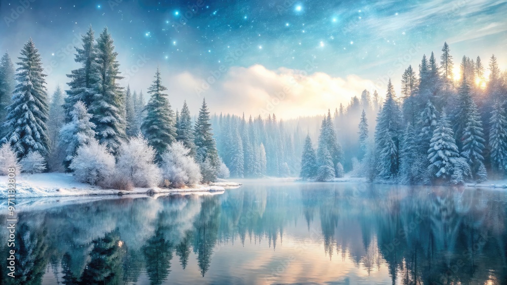 Snowflakes gently fall on a serene, misty forest landscape, with frosted evergreen trees, frozen lake, and rolling hills, bathed in soft, ethereal winter morning light. Snowflakes gently fall on a serene, misty forest landscape, with frosted evergreen trees, frozen lake, and rolling hills, bathed in soft, ethereal winter morning light.