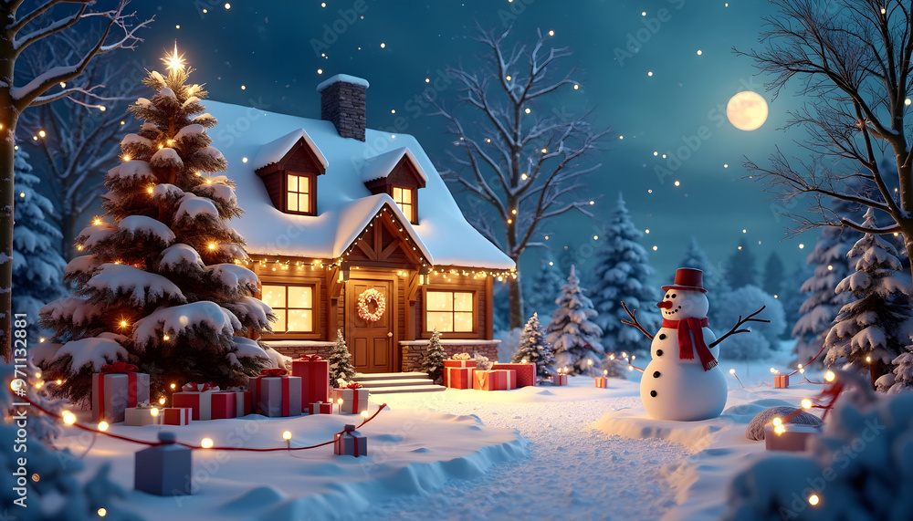 A cozy winter cabin adorned with holiday decorations and a snowman in a snowy landscape at night under twinkling stars. A cozy winter cabin adorned with holiday decorations and a snowman in a snowy landscape at night under twinkling stars.