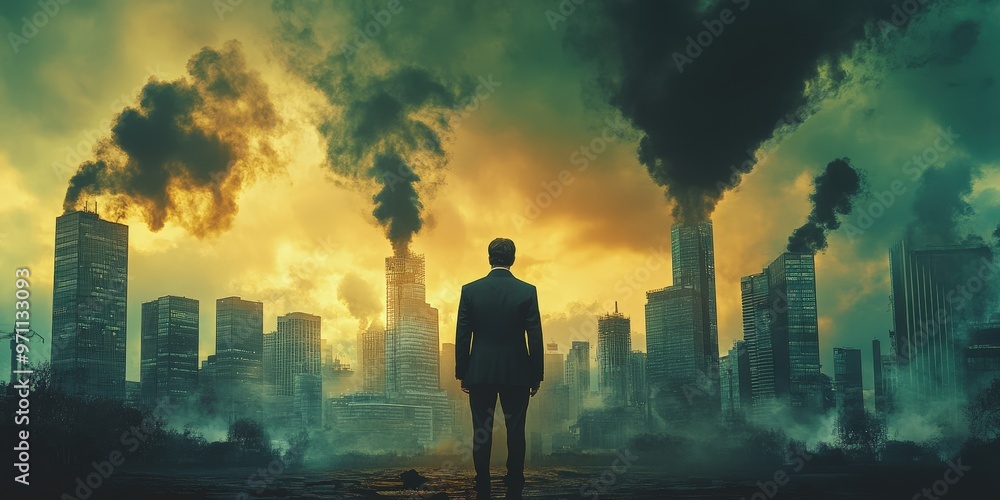 A lone figure in a suit stands amidst a dystopian cityscape filled with smoke, destruction, and eerie yellow skies at dusk. Generative AI A lone figure in a suit stands amidst a dystopian cityscape filled with smoke, destruction, and eerie yellow skies at dusk. Generative AI