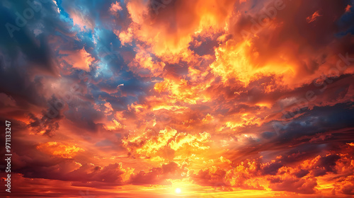 Orange-red coloured cloudy sky after sunset, cloud formation, evening sky, sunset,photostock style