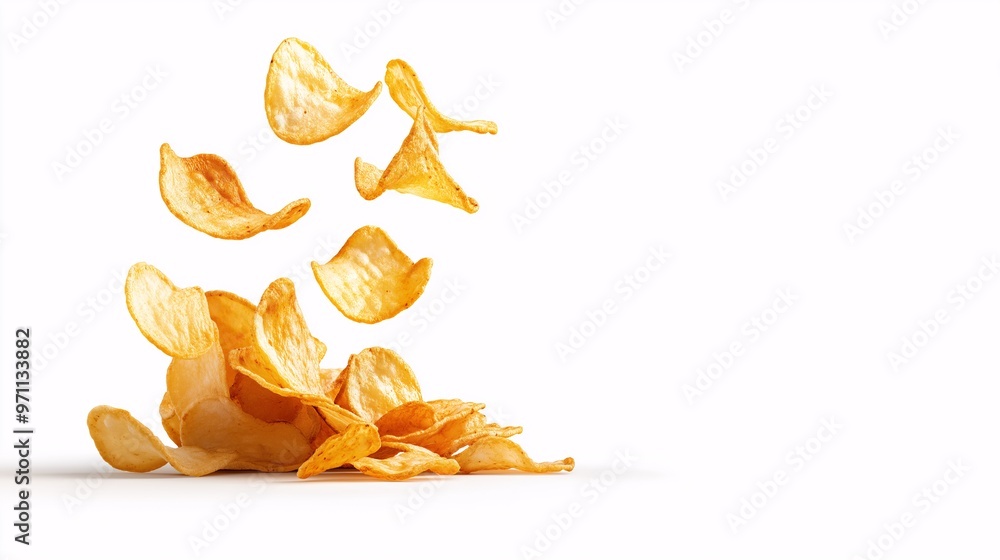 Fototapeta premium Potato Chip Explosion: A cascade of golden potato chips explodes into the air, creating a delicious and dynamic image that evokes the irresistible crunch and satisfaction of this classic snack. 