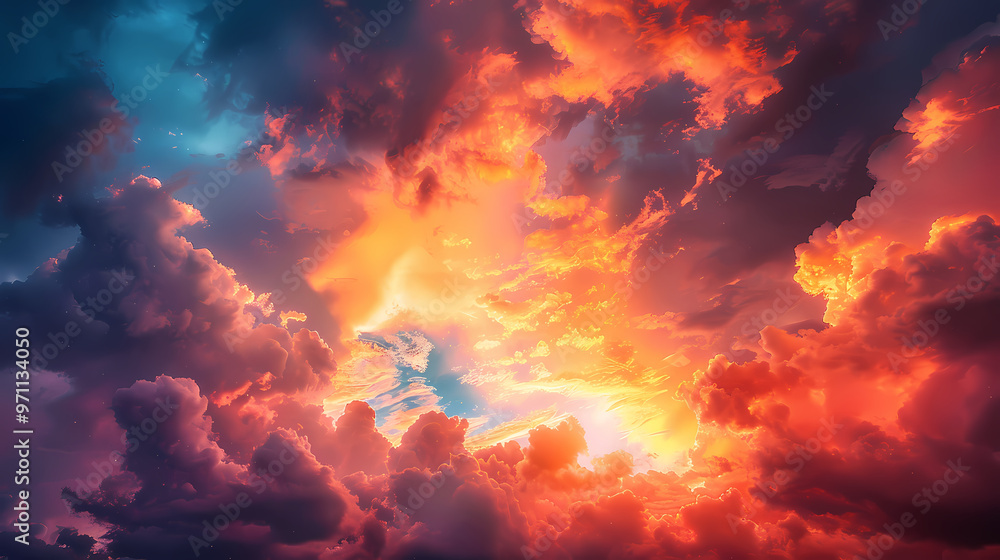 Orange-red coloured cloudy sky after sunset, cloud formation, evening sky, sunset,photostock style Orange-red coloured cloudy sky after sunset, cloud formation, evening sky, sunset,photostock style
