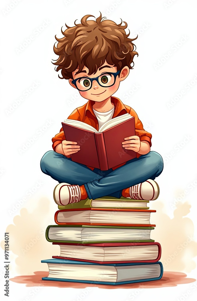 A curly-haired boy with glasses sits cross-legged on a stack of books, holds a book, smiles and looks at the camera. Preparing for school, learning lessons. Back to school