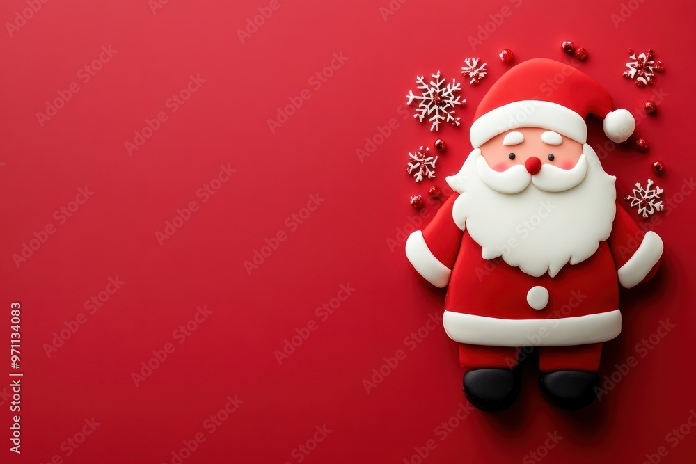 Santa Claus Figurine with Snowflakes and Red Beads on Red Background Santa Claus Figurine with Snowflakes and Red Beads on Red Background