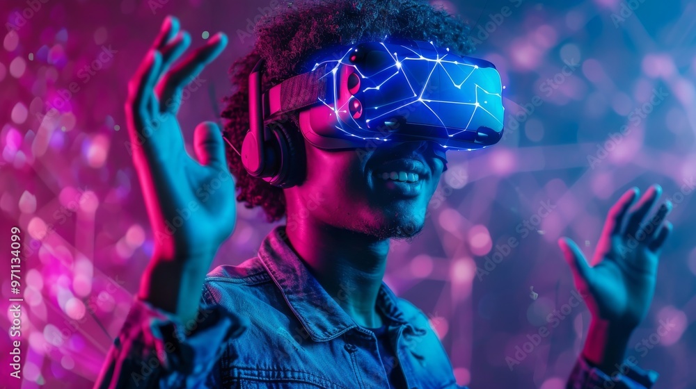A young man enjoys an immersive virtual reality experience, surrounded by vibrant neon lights and digital graphics. A young man enjoys an immersive virtual reality experience, surrounded by vibrant neon lights and digital graphics.