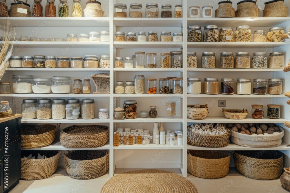 Organized pantry with jars and baskets showcasing various ingredients and storage items in a neutral toned space Organized pantry with jars and baskets showcasing various ingredients and storage items in a neutral toned space