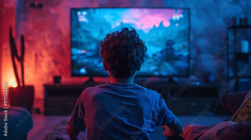 A child enjoying video games in a cozy room, illuminated by soft colored lights from the TV and ambient glow. A child enjoying video games in a cozy room, illuminated by soft colored lights from the TV and ambient glow.
