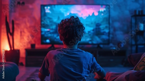 A child enjoying video games in a cozy room, illuminated by soft colored lights from the TV and ambient glow.