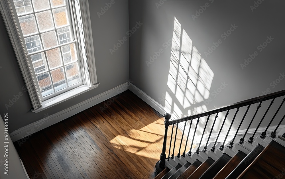 Elegant modern staircase with natural light pouring in from large windows, casting intricate shadows on the wooden floor and creating a peaceful ambiance. Created with AI. Elegant modern staircase with natural light pouring in from large windows, casting intricate shadows on the wooden floor and creating a peaceful ambiance. Created with AI.