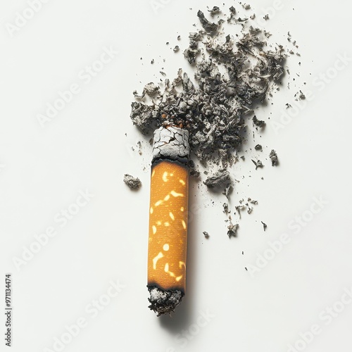 A burnt cigarette with scattered ashes on a white background can be used for smoking cessation campaigns, health warnings, or illustrating addiction and its consequences, photo