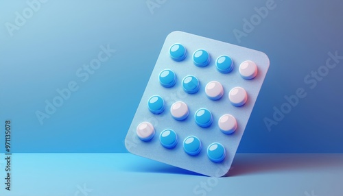 Vibrant medication blister pack featuring colorful pills arranged in a modern design against a gradient blue background.